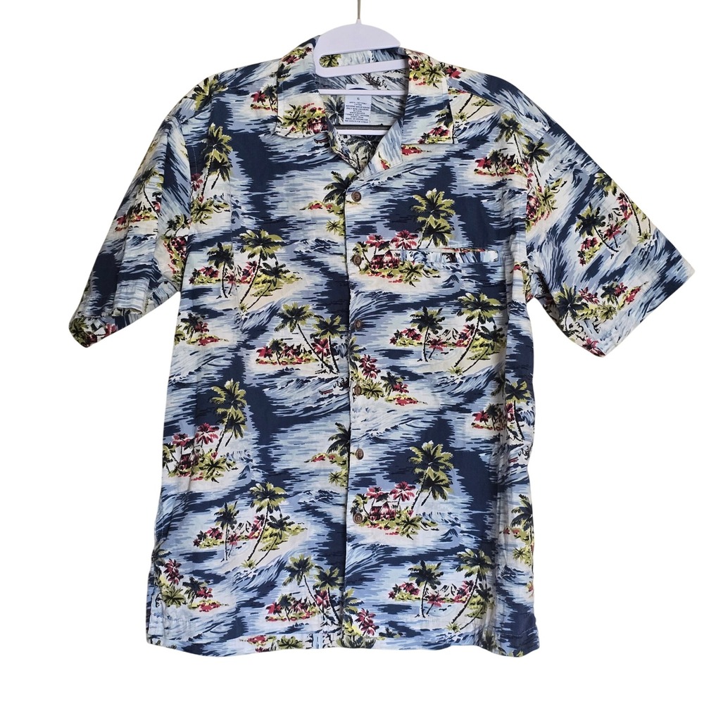 Mens Small Blue Tropical Island Palm Tree Cotton Hawaiian Cabanna Camp Shirt